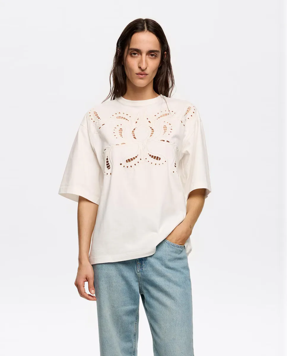 

Женская футболка с коротким рукавом и ажурной вязкой Bimba y Lola, цвет Crudo