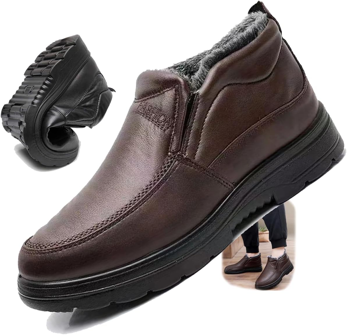 

Мужские зимние низкие сапоги на меху с подкладкой, противоскользящие, водонепроницаемые, для улицы, легкие, повседневные кроссовки-лоферы для ходьбы Generic, коричневый