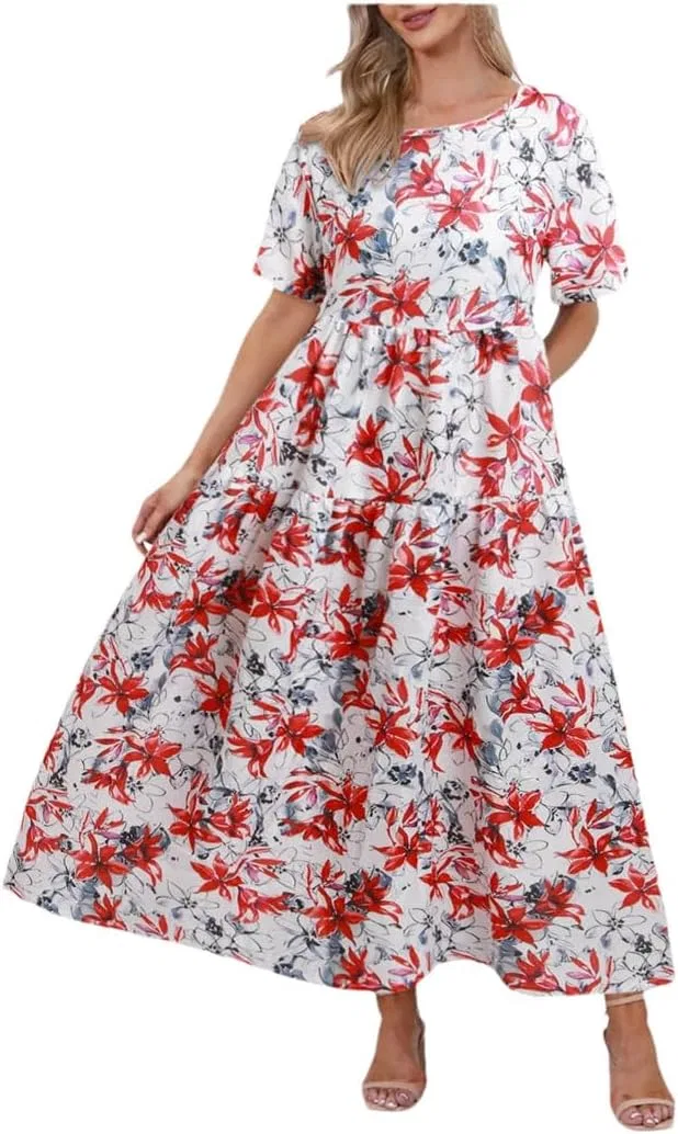 Женское свободное платье с цветочным принтом A-line, Red