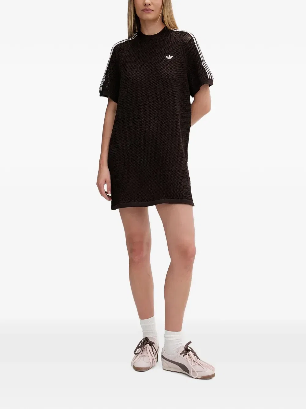 Вязаное мини-платье с вышитым логотипом Adidas, коричневый — фото 2