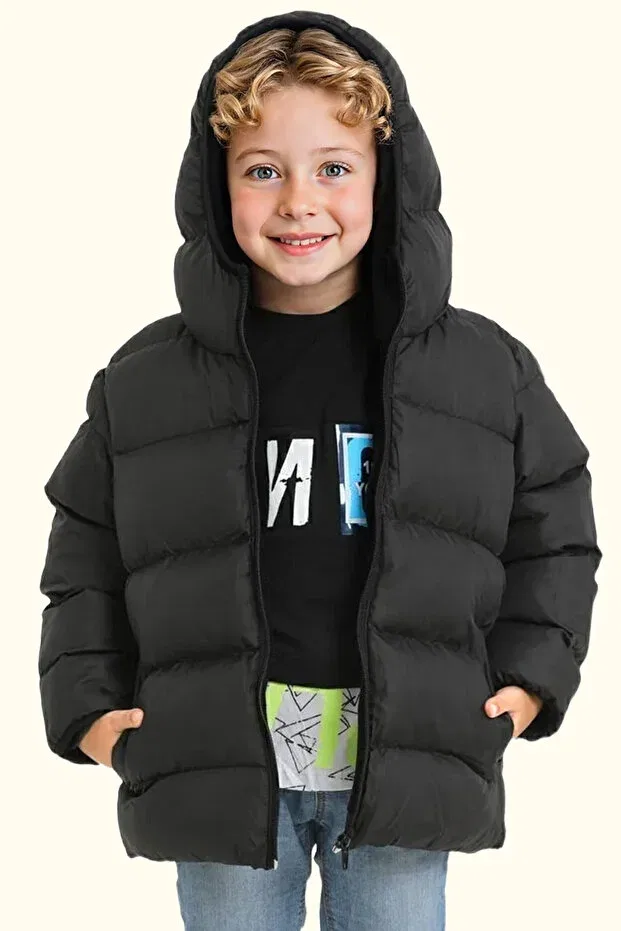 Детский зимнее пуховик с капюшоном с принтом Boy'S Black Fleece Hooded Waterproof Windproof Puffed Winter Coat Firststops, Black