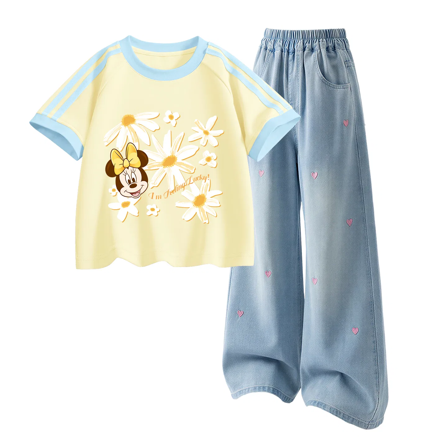 Детская повседневная спортивная футболка с круглым вырезом Disney, Daisy Honey Match Yellow+Solid Color Denim Light Blue — фото 4