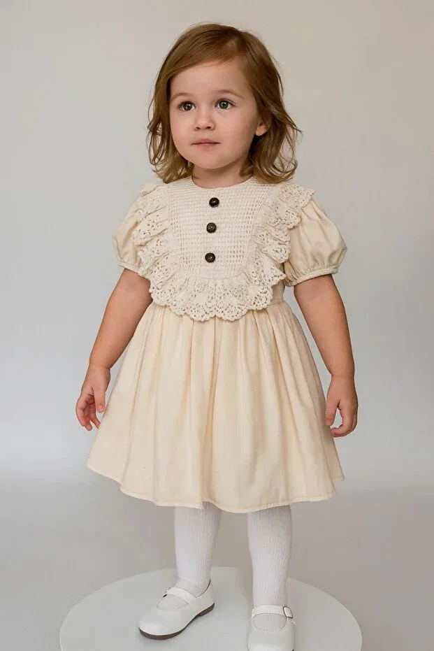 Детское платье для девочек хлопковое Festive Lace Collar Detailed Vintage Linen Stylish Girls' Dress Baby, Beige