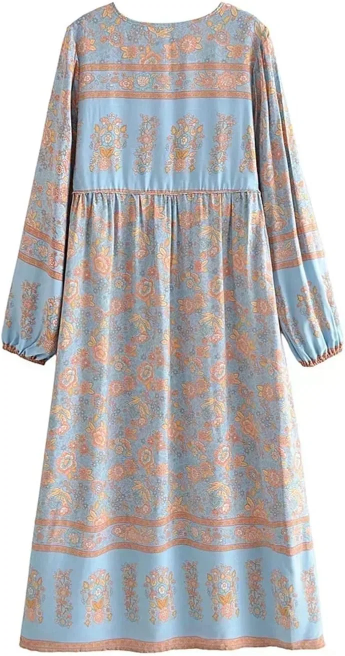 Женское летнее платье с фонариками рукавами в цветочек, Light Blue — фото 3