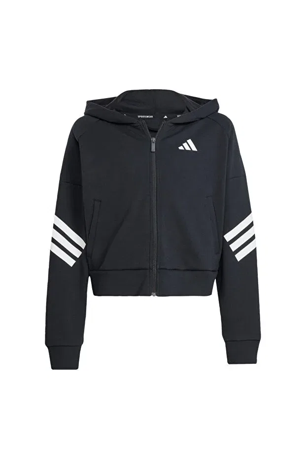 Детское худи для девочек с принтом Future icons 3-stripes full-zip kids hoodie Adidas, Black / White — фото 4
