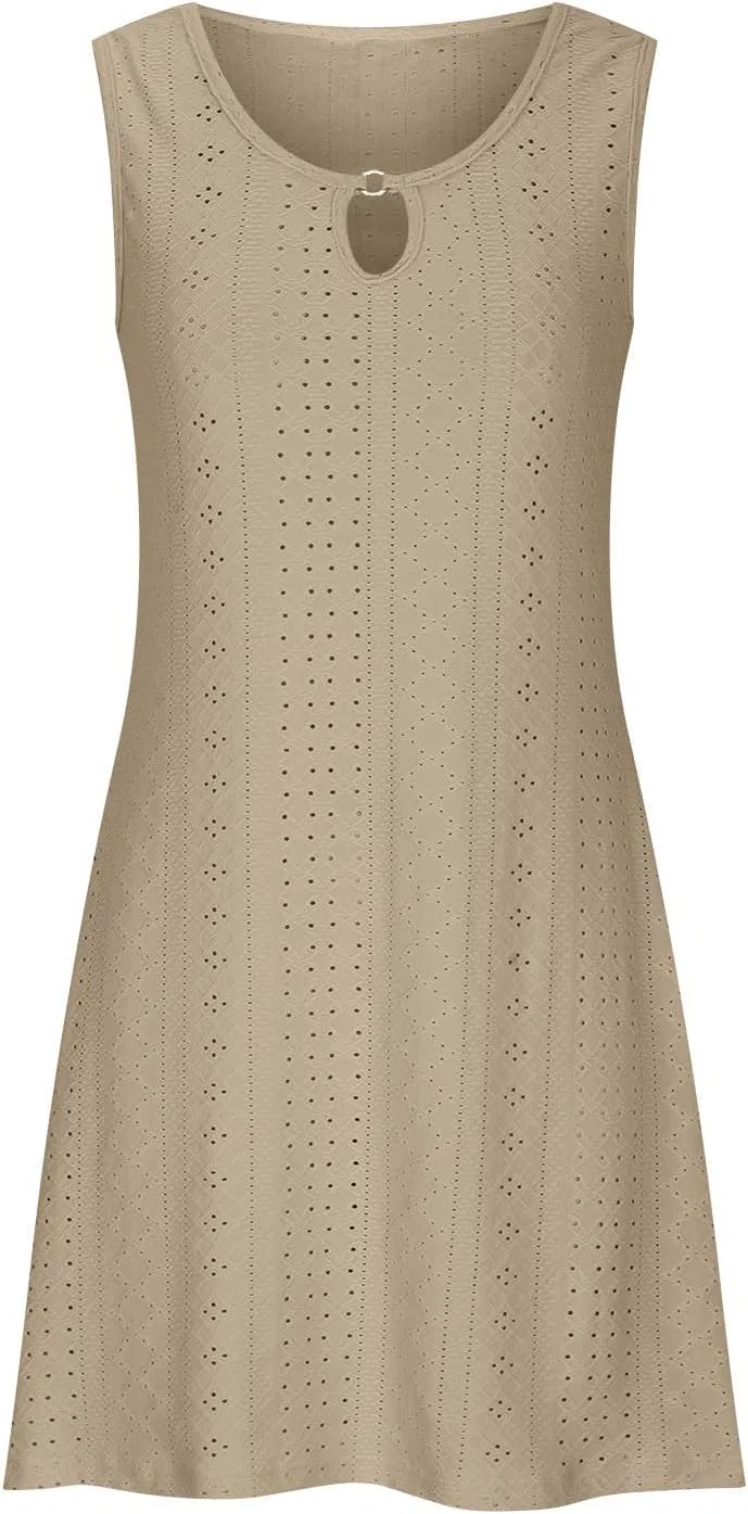 Женское летнее платье с вышивкой и вырезом, Sleeveless Mini Dress, Khaki — фото 4