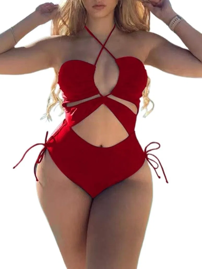 Женский цельный купальник с вырезом и узлом Halter, Red