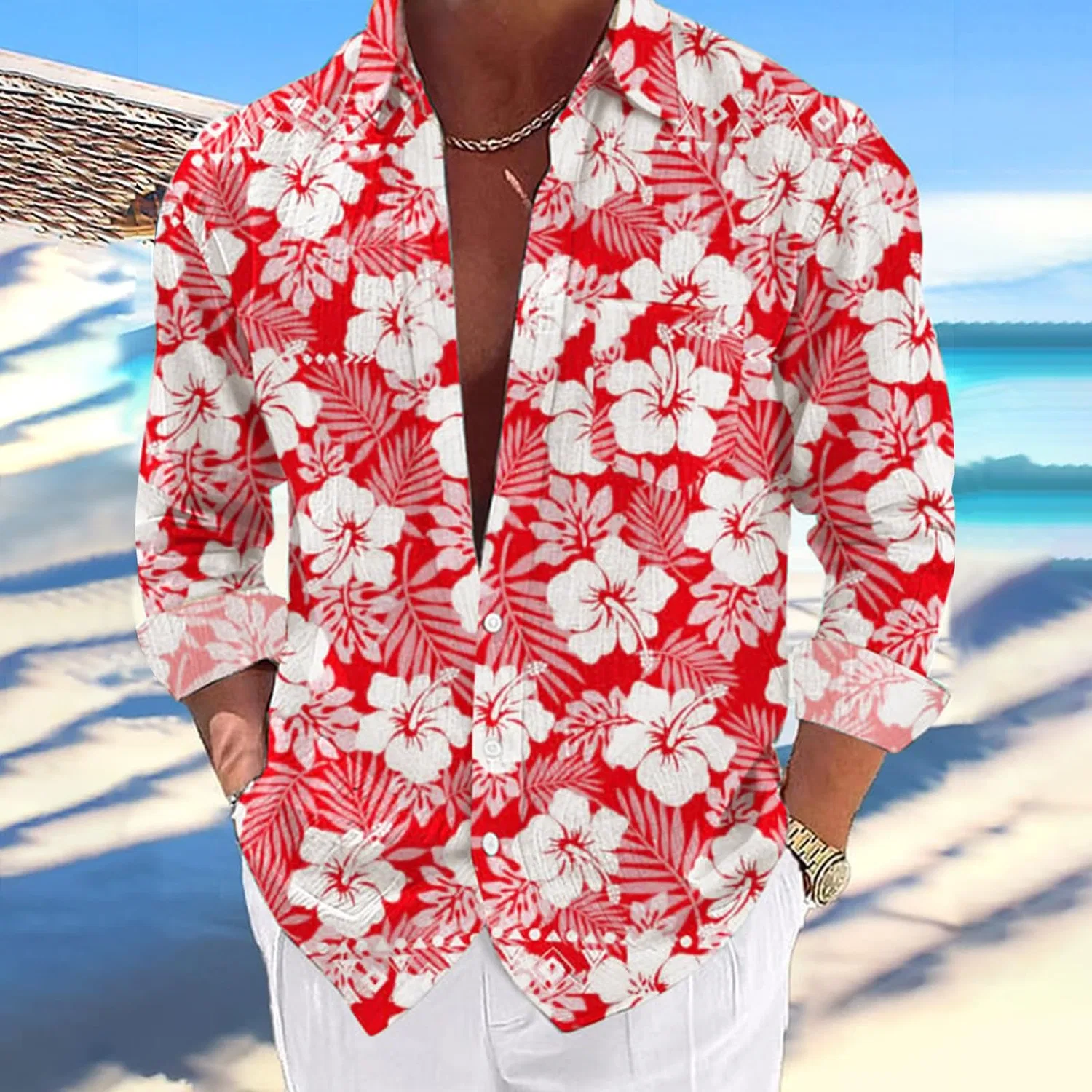 Мужская рубашка с принтом Summer Hawaiian Shirts Men Casual Loose Shirt Stand Collar Long Sleeve Shirt with Pocket Flower Beach Shirts Button Down Tops Regular Fit Holiday Tops, Red — фото 4
