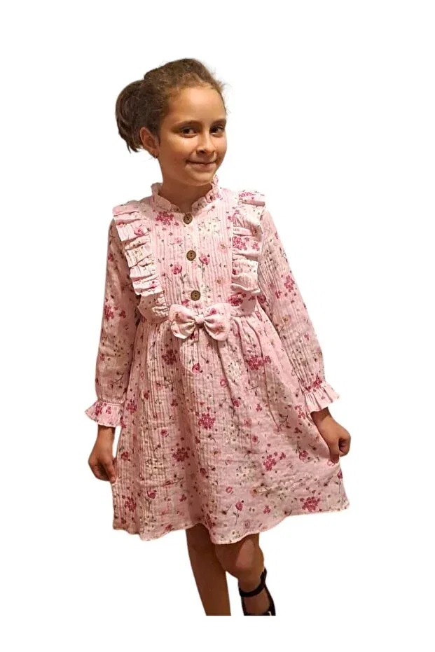 Детское платье для девочек хлопковое с длинным рукавом Tosyalı Burak Bebe, Pink