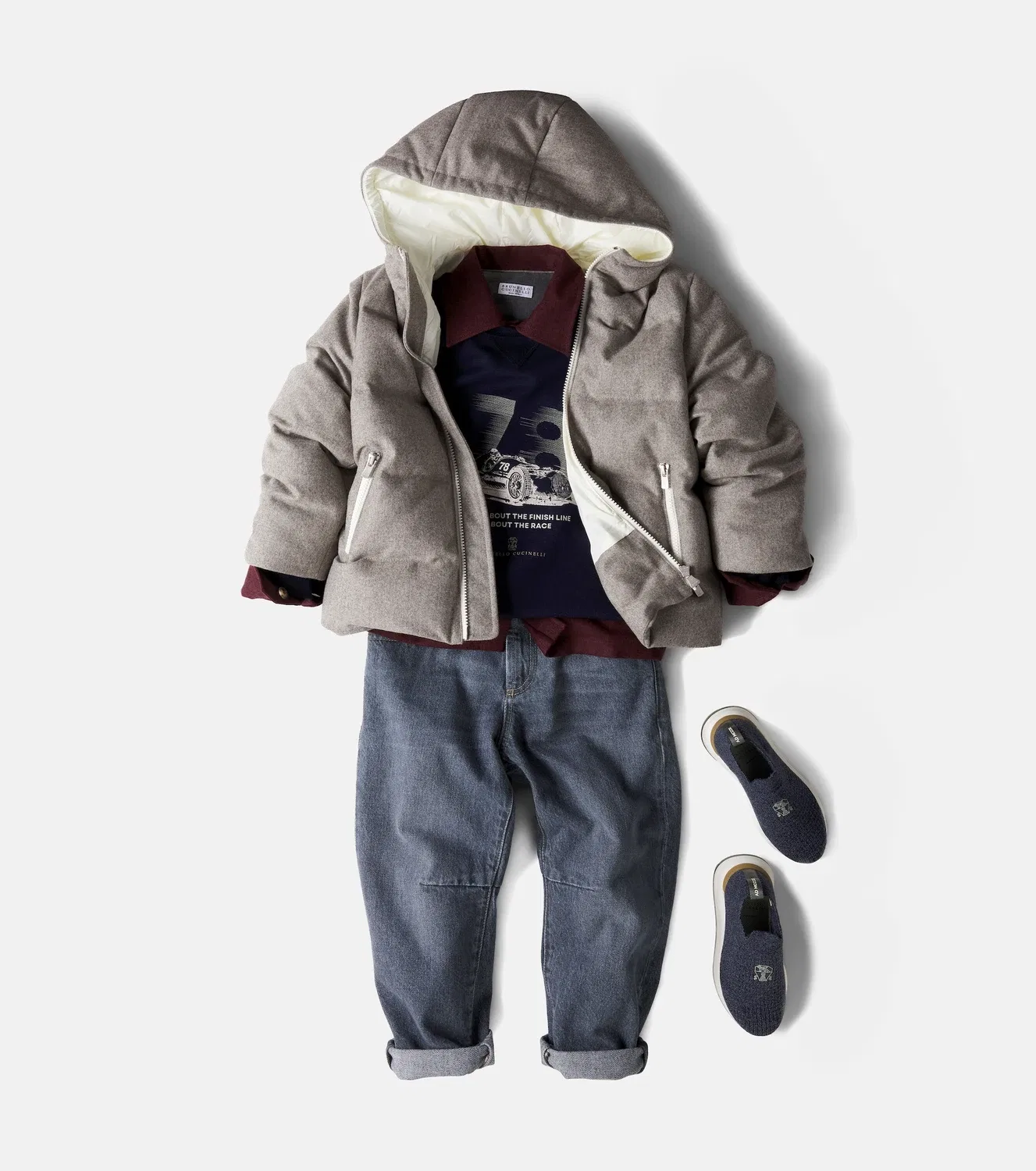 Пуховик с капюшоном из натуральной шерсти Brunello Cucinelli Kids, бежевый — фото 2