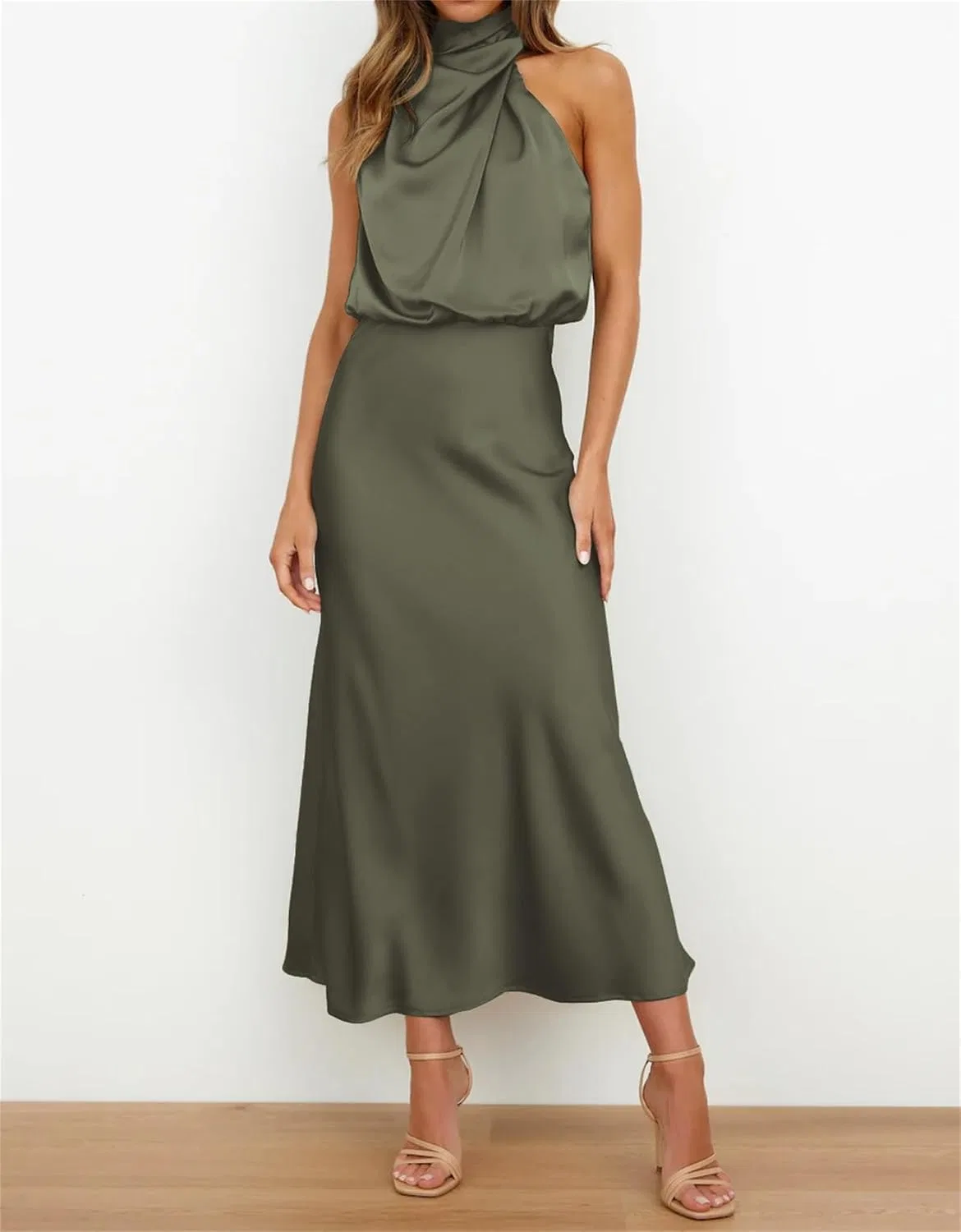 Женское сатиновое вечернее платье макси с имитацией шеи Military Green — фото 3