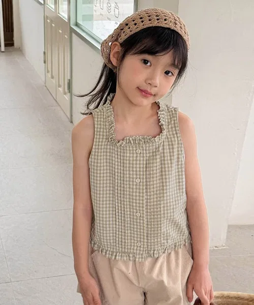 Детская блузка без рукавов с воланами Checkered Frill ONEP STAR, Light Khaki — фото 2