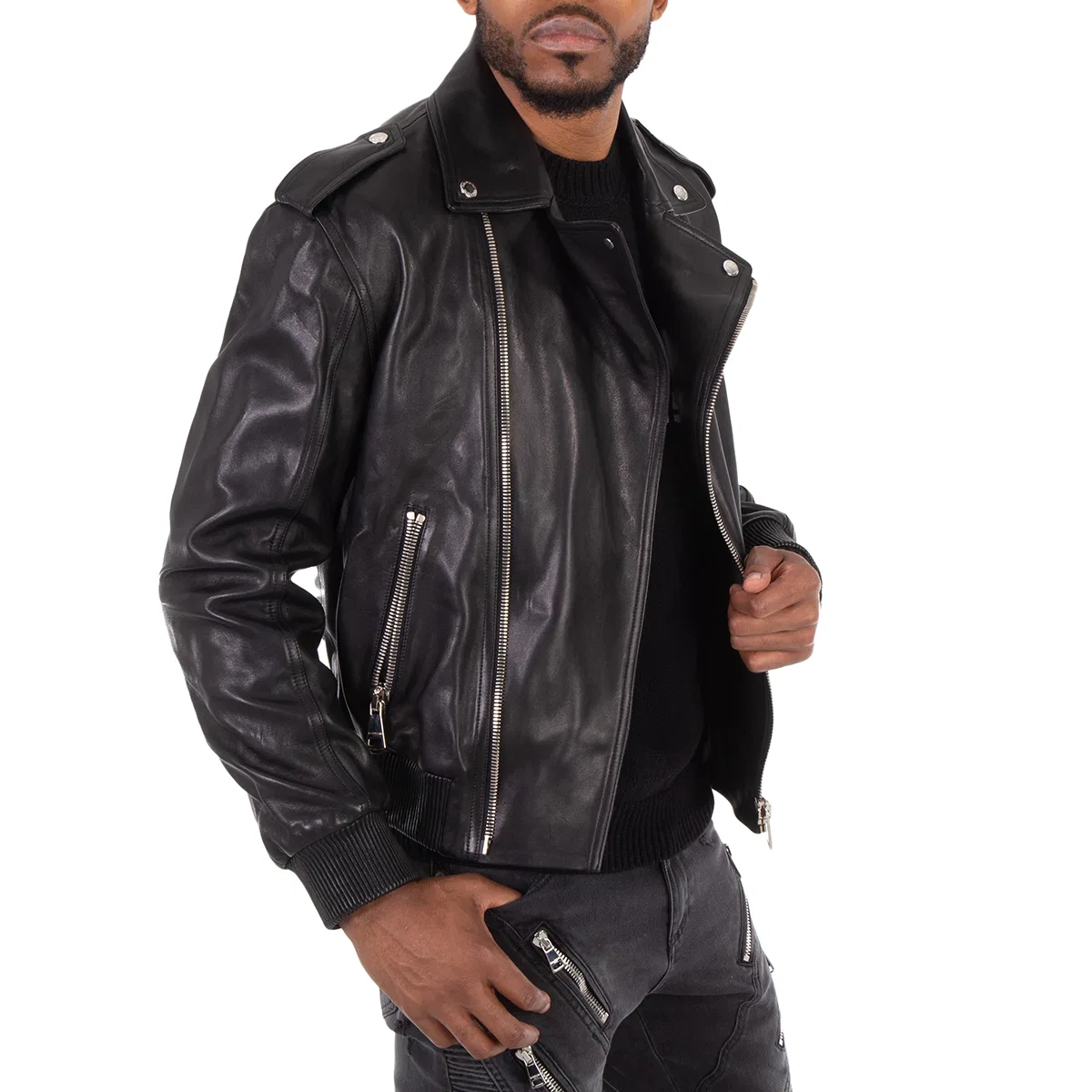 Куртка-бомбер из кожи ягненка Leather Bomber Jacket Balmain, Black — фото 2