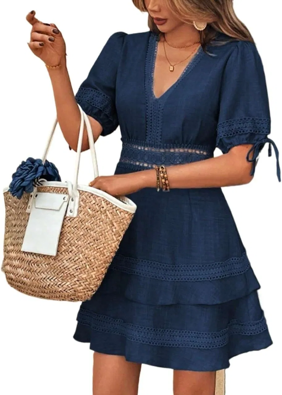 Женское платье А-силуэта с кружевом V-образным вырезом и воланами, Navy Blue
