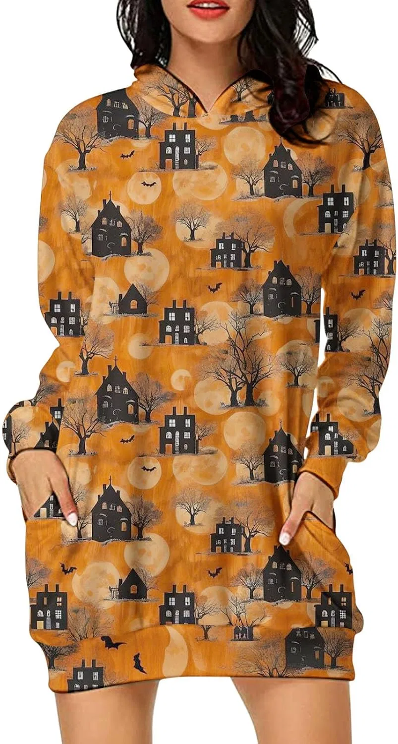 Женское платье-худи с принтом, с карманами, Halloween Dresses, чёрный