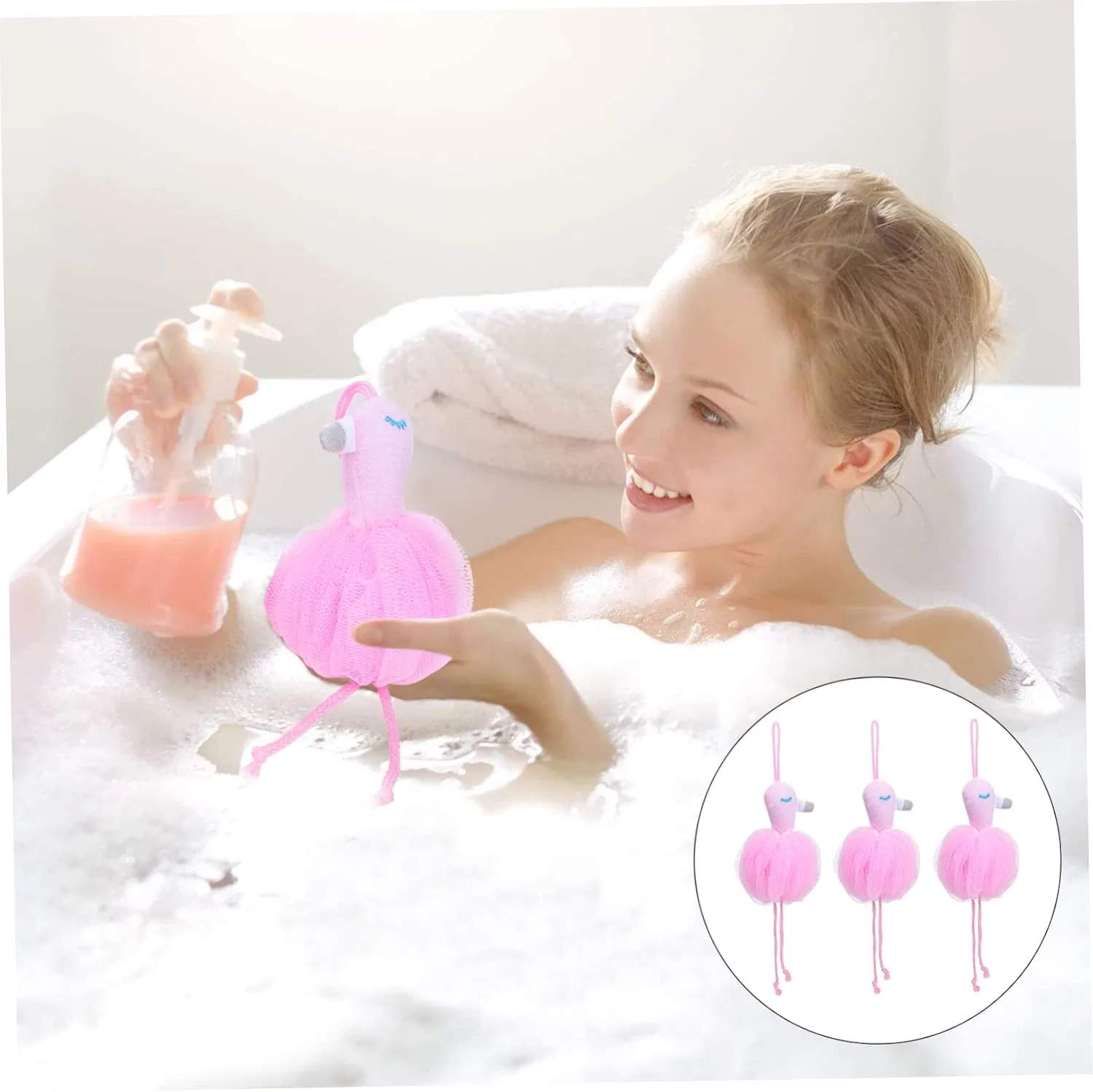 Набор мочалок для душа Flamingo, 3 шт, Happyyami, розовый — фото 2