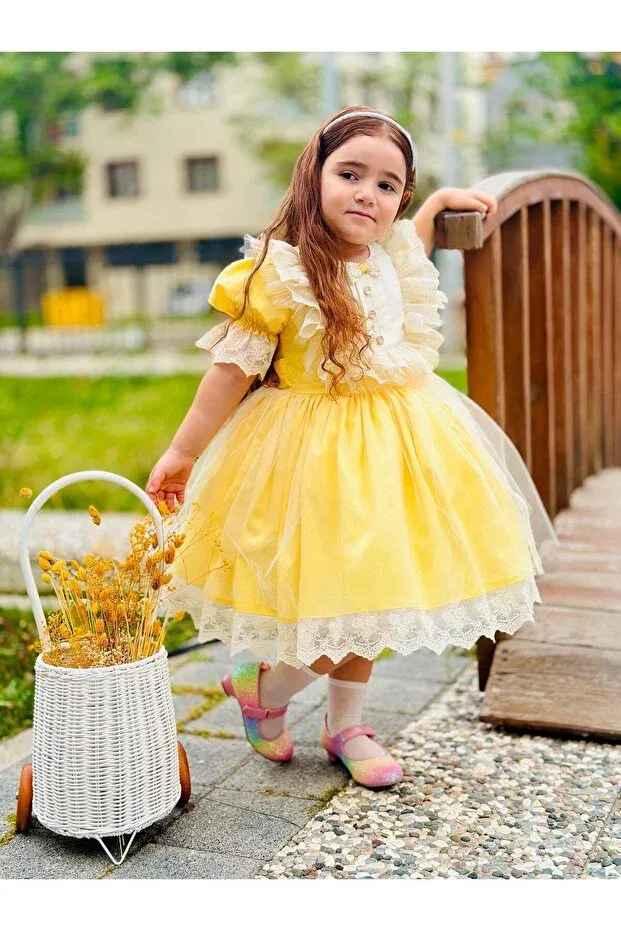 Детское платье для девочек с принтом Yellow Teddy Bear Print Hly Karol Tasarım, Yellow — фото 3
