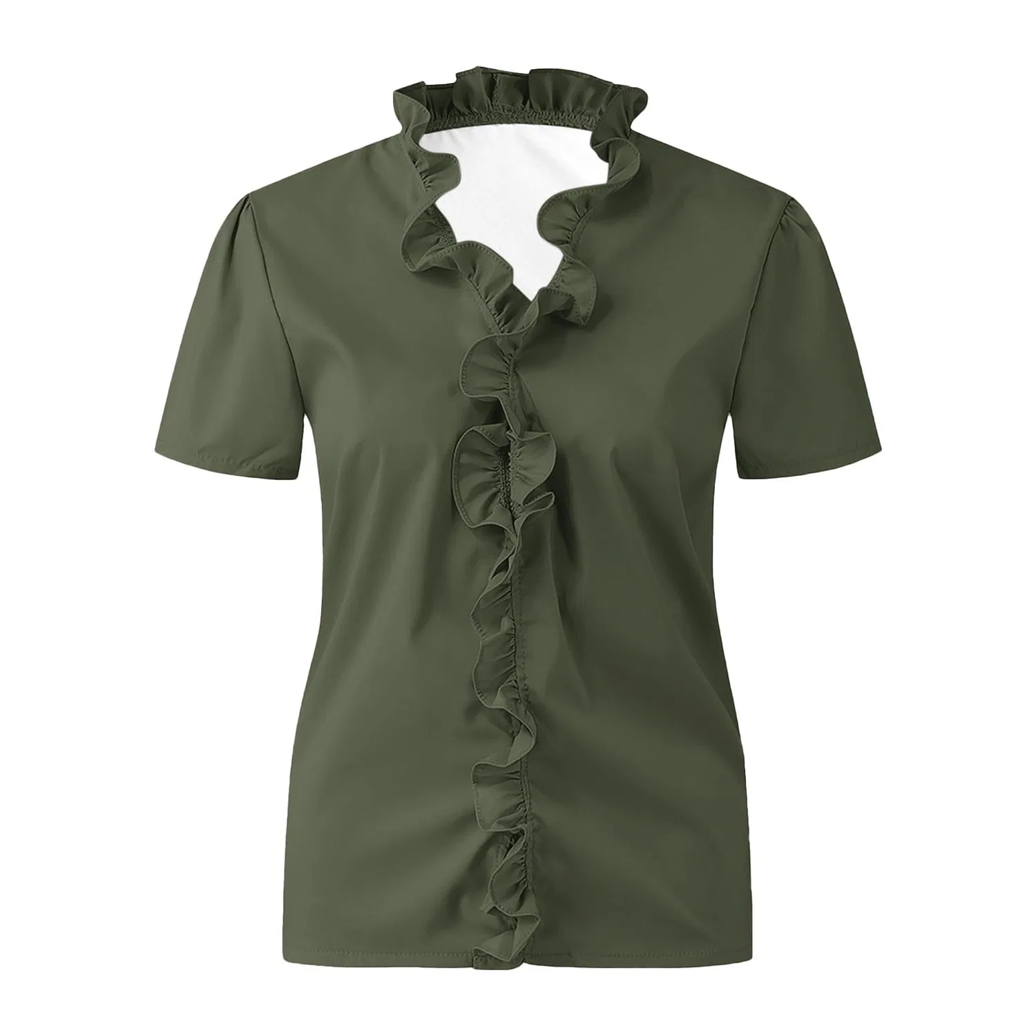 Женская блузка с V-образным вырезом и воланами, с коротким рукавом, Short Sleeve - Army Green 01 — фото 4