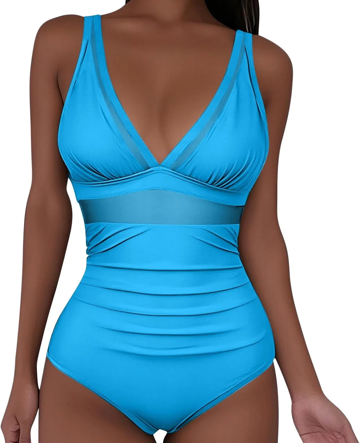 Женский слитный купальник с эффектом утяжки Mesh Plunge V-Neck, Summer 01-sky Blue — фото 2