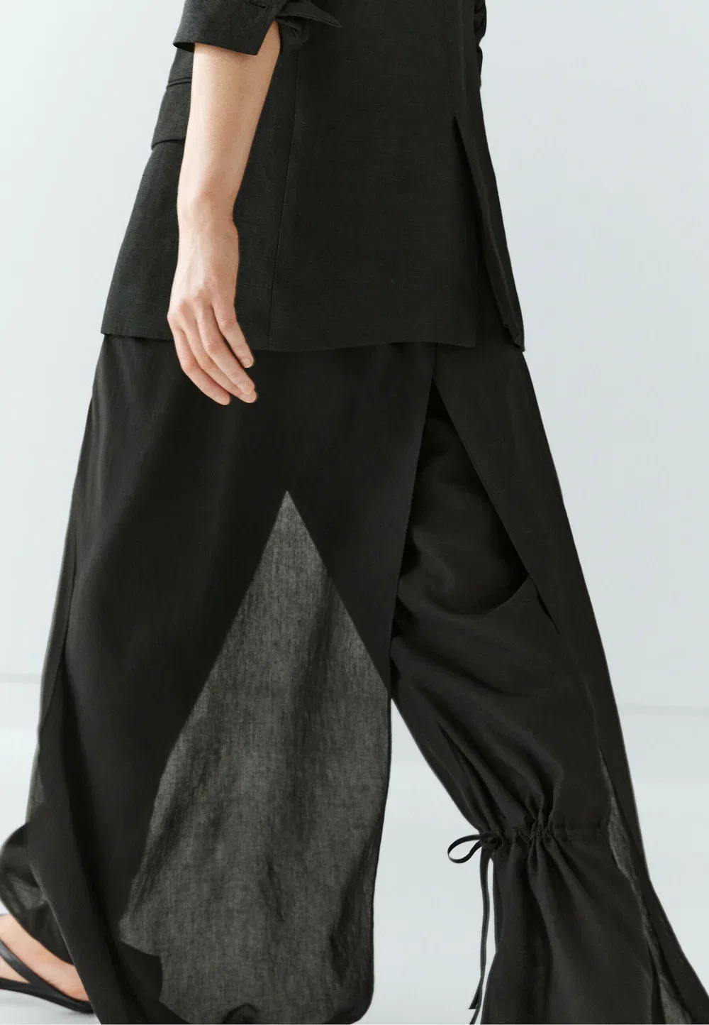 Брюки с двойным слоем ткани и завязками Massimo Dutti, Black — фото 3