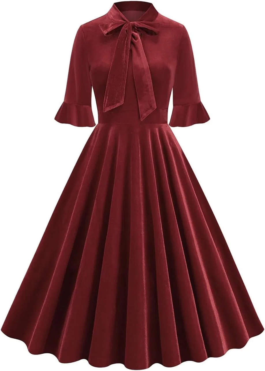 Женское платье-трапеция с воланами и рукавом-колокол, модель Bowknot Front Tie Neck, винный