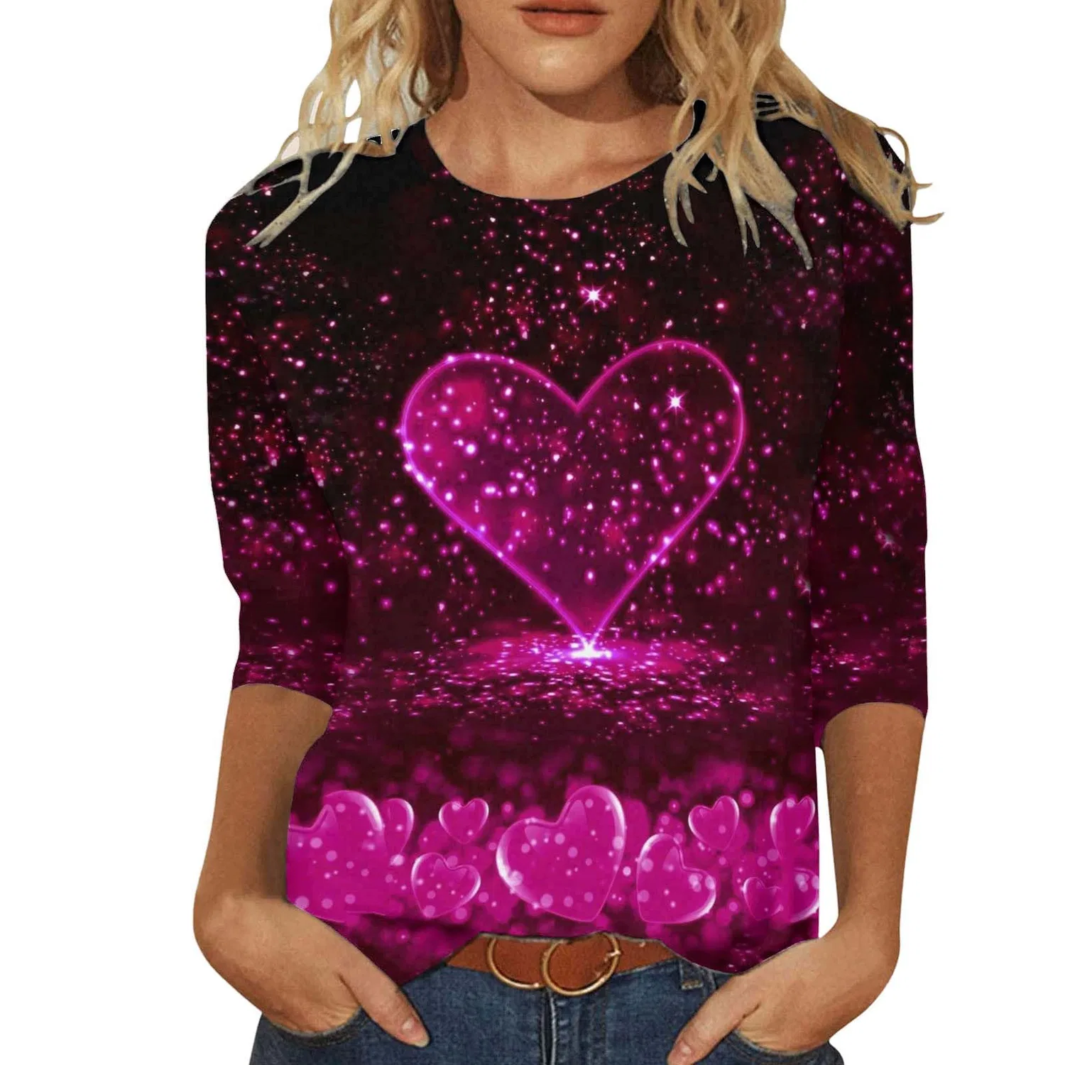 Женская футболка с принтом Plaid Shirt 3/4 Sleeves, F-hot Pink