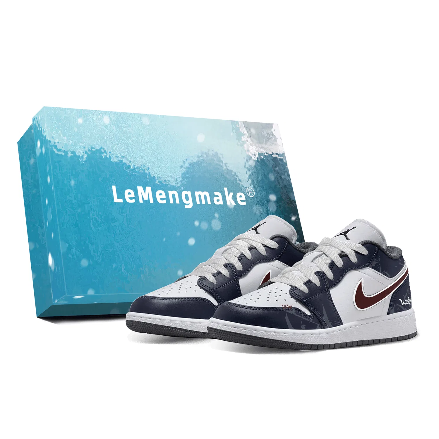 Детские кастомизированные кроссовки Air 1 Lemon Gift Box Edition Navy Blue with Red Satin Jordan, White