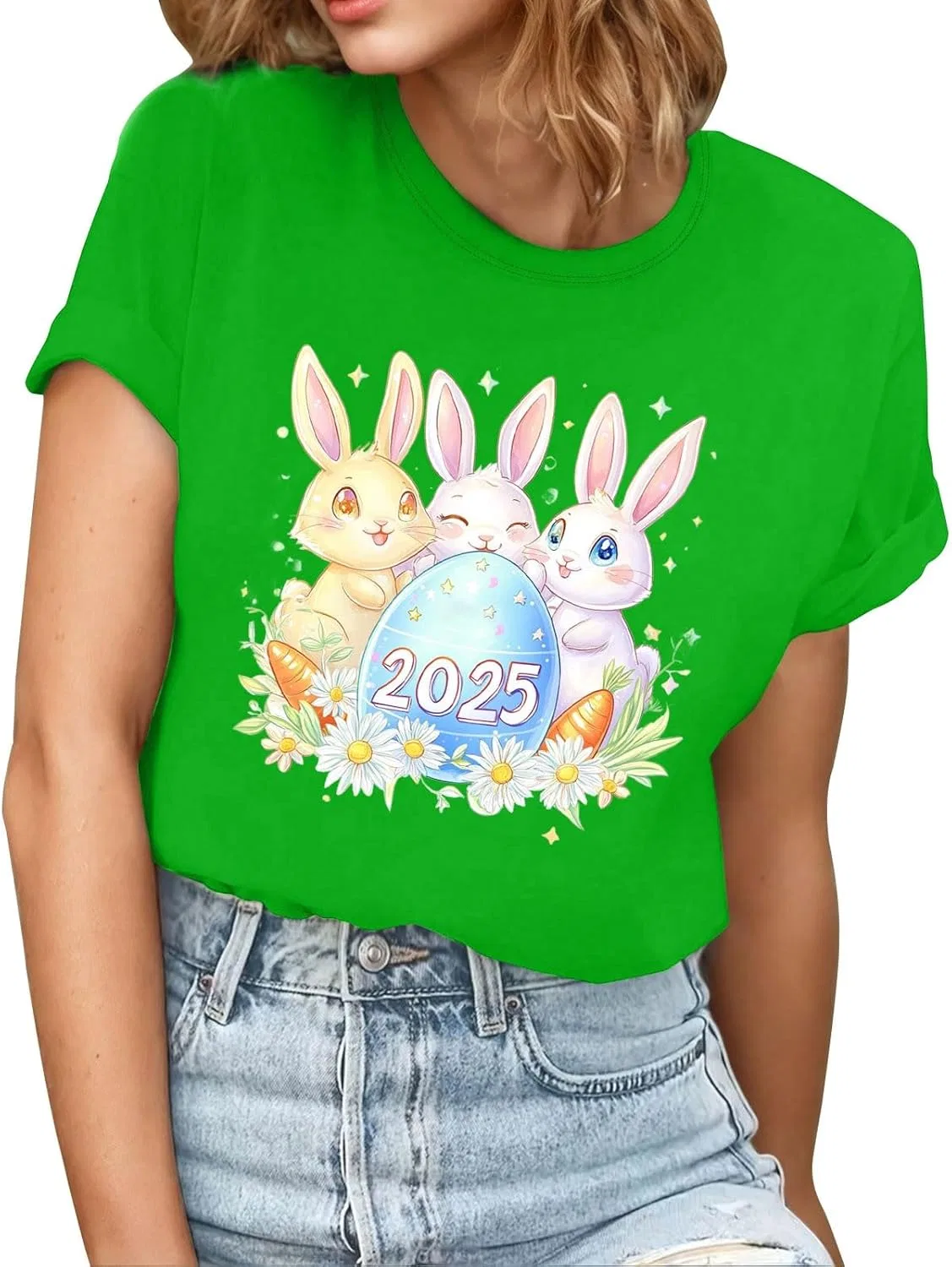 Женская свободная футболка с кроликом Easter, Green-2