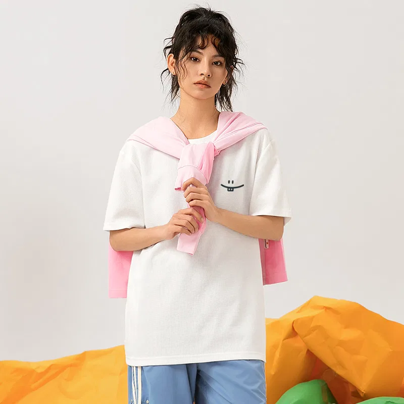 Детская футболка с принтом Heavyweight Waffle Knit MINISO, Light Beige (B Simple Smile Drawing Chest Logo) — фото 4