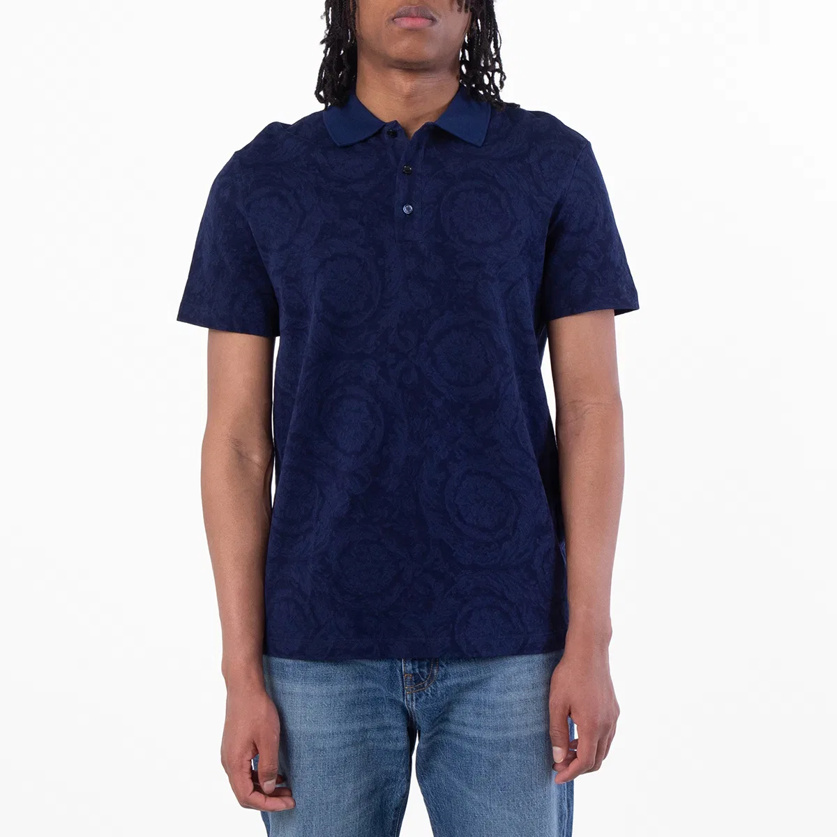 Поло из хлопкового пике с принтом Barocco Versace, Navy Blue