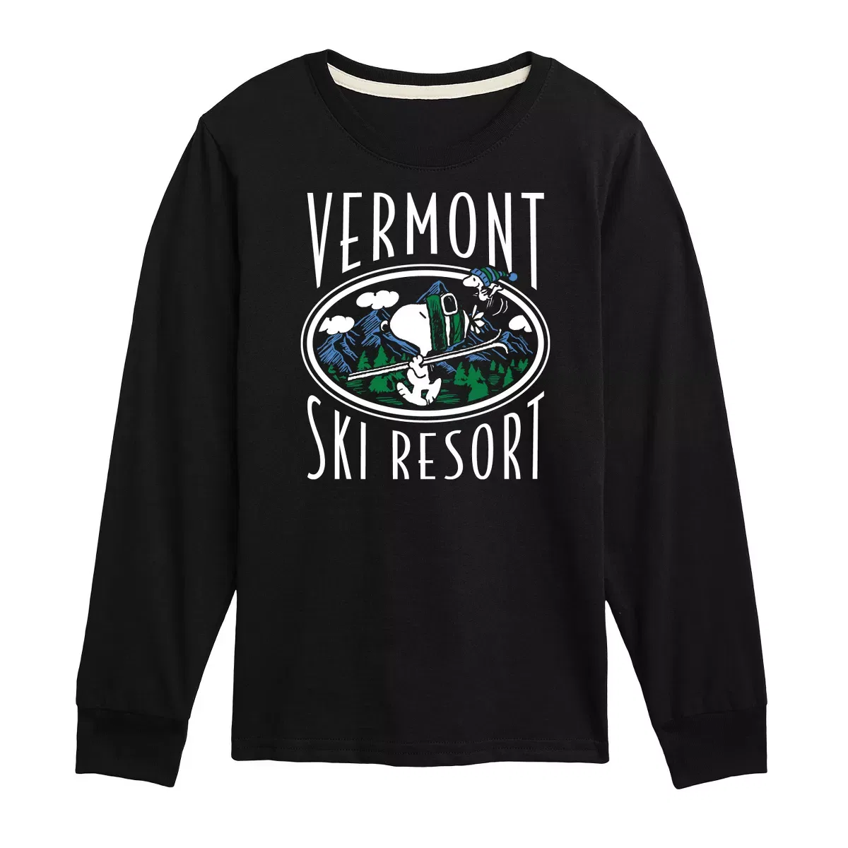 Детская футболка с длинным рукавом с принтом Snoopy and Woodstock Vermont Ski Resort Peanuts, Navy