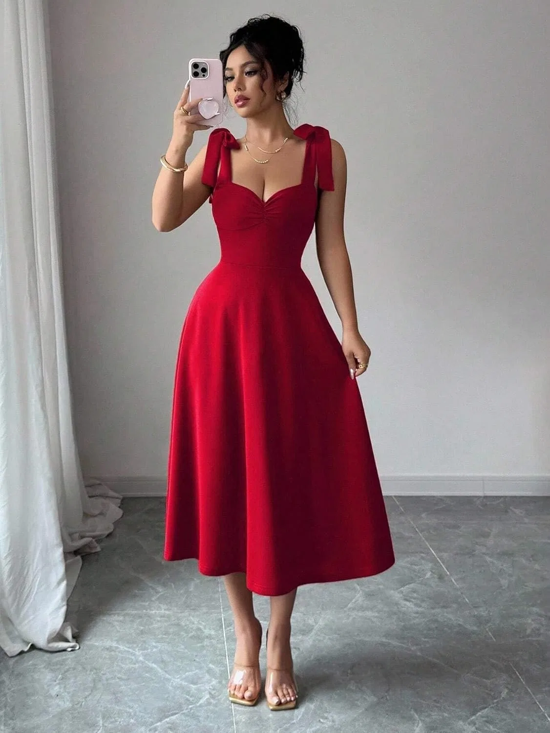 Женское ками-платье A-силуэта с завышенной талией, Red — фото 4