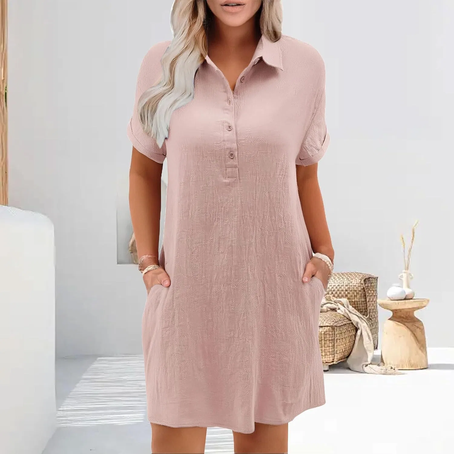 Женское пляжное платье-рубашка из хлопка и льна с коротким рукавом, Pink — фото 2