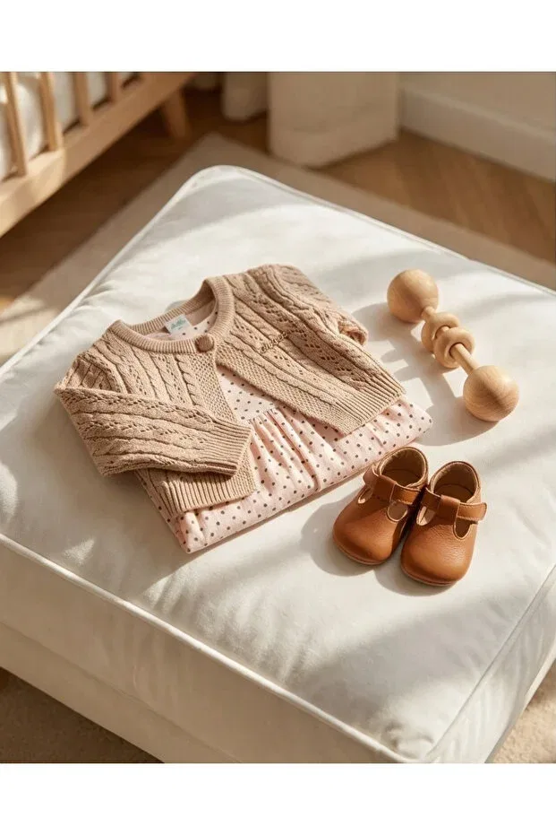 Детский комплект для девочек из футера с оборкой Pink And Blue Kids, Beige-Milky Brown — фото 4