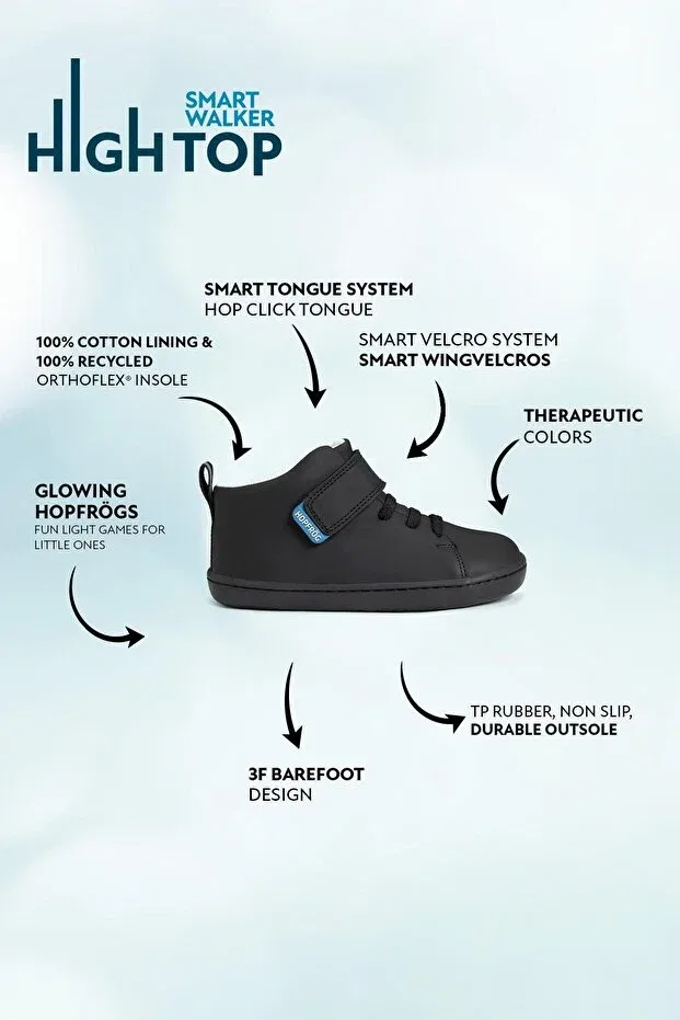 Детские ботинки для девочек с принтом Smart Walker High Top Super Matte Black Barefoot Kids Boots Hopfrög, Super Matte Black — фото 3