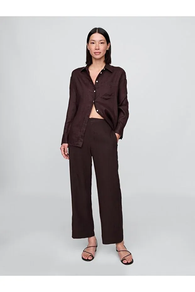 Женские льняные брюки прямого кроя Gap, Brown-006