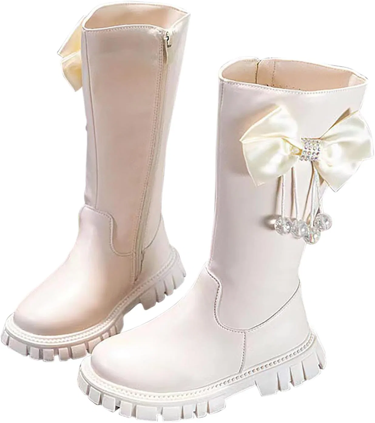 Детские сапоги для девочек с бантом и кристаллом на молнии, Beige