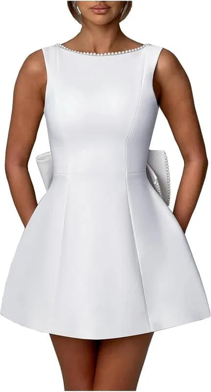 Женское коктейльное платье с жемчугом и бантом Satin Pearl, White
