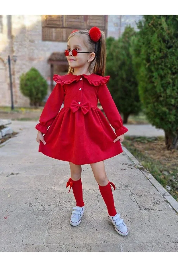 Детское платье для девочек джинсовое с длинным рукавом Gül Garden, Red