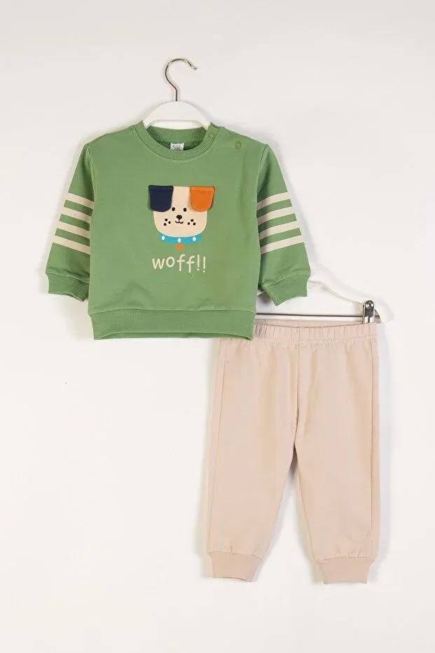 Детский спортивный костюм для мальчиков с принтом Dog Printed Ear Detailed Baby Boy Tracksuit Set Generic Brands, Green — фото 3