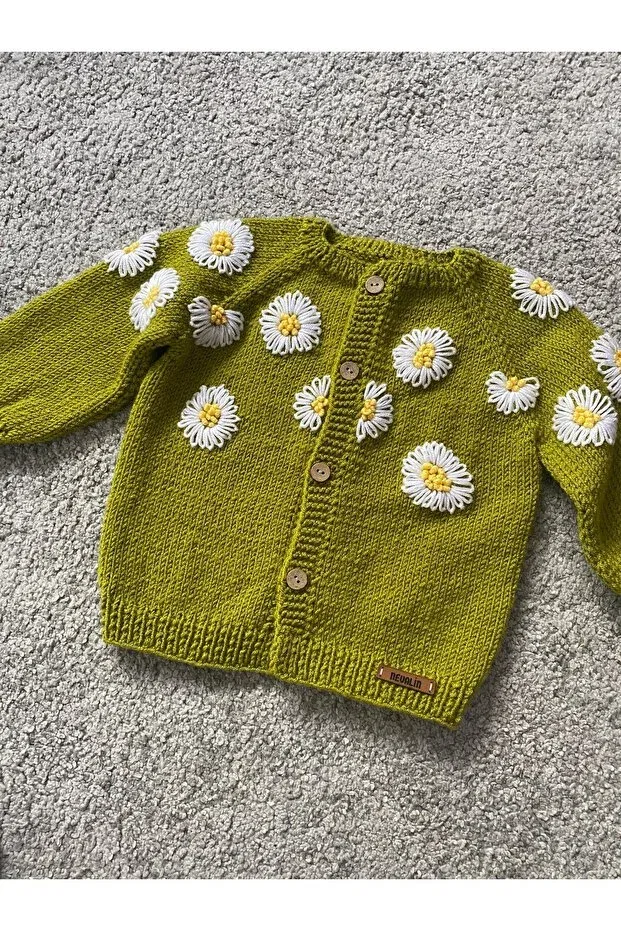 Детский кардиган с ручной вышивкой Hand Knitted Daisy Embroidered Nevalin, Green