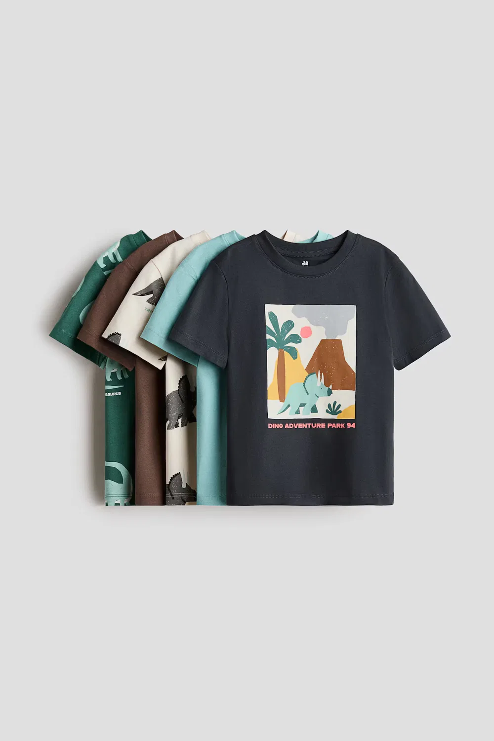 Набор из 5 футболок H&M, Dunkelgrün/Dinosaurier