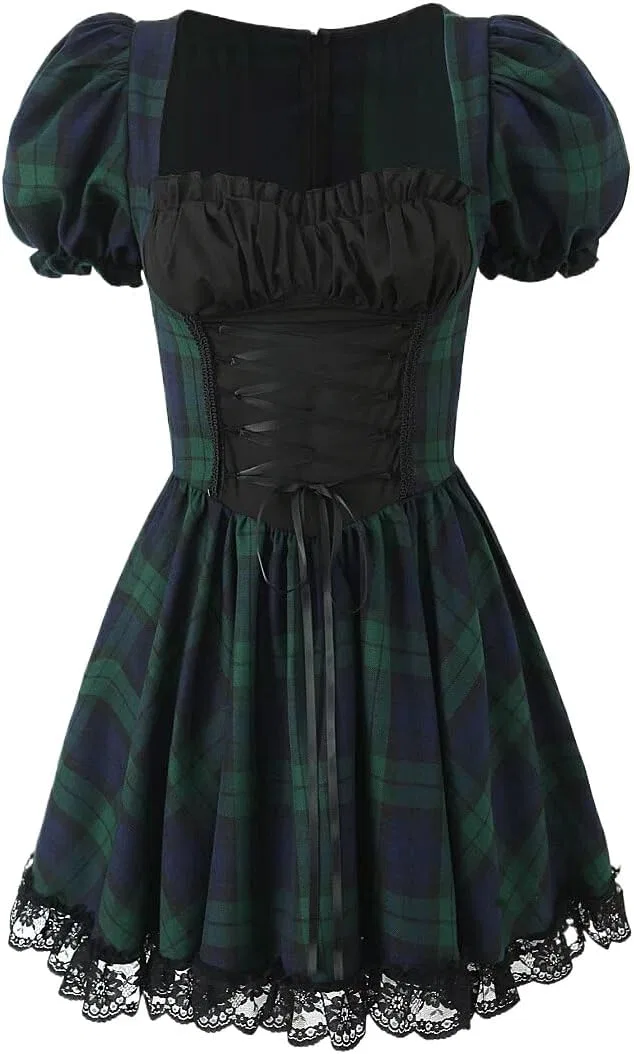 Женское платье с кружевной отделкой A-line, Plaid
