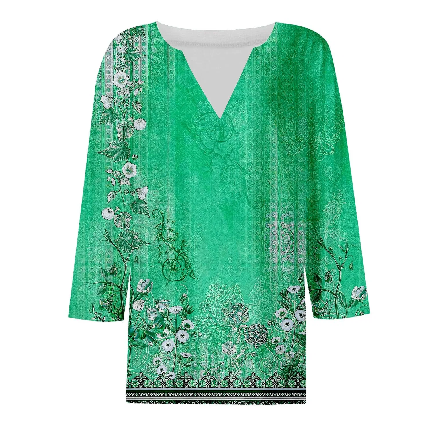 Женская блуза с принтом Women Blouses 3/4 Sleeve V Neck Casual Elegant Summer Boho Floral Print Blouses, 36#verde Menta — фото 3