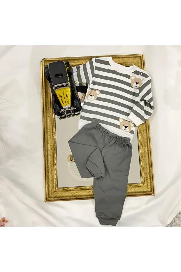 Детский комплект из футболки и брюк с принтом Khaki Striped Bear 2-Piece Set Karaca, Multicolor