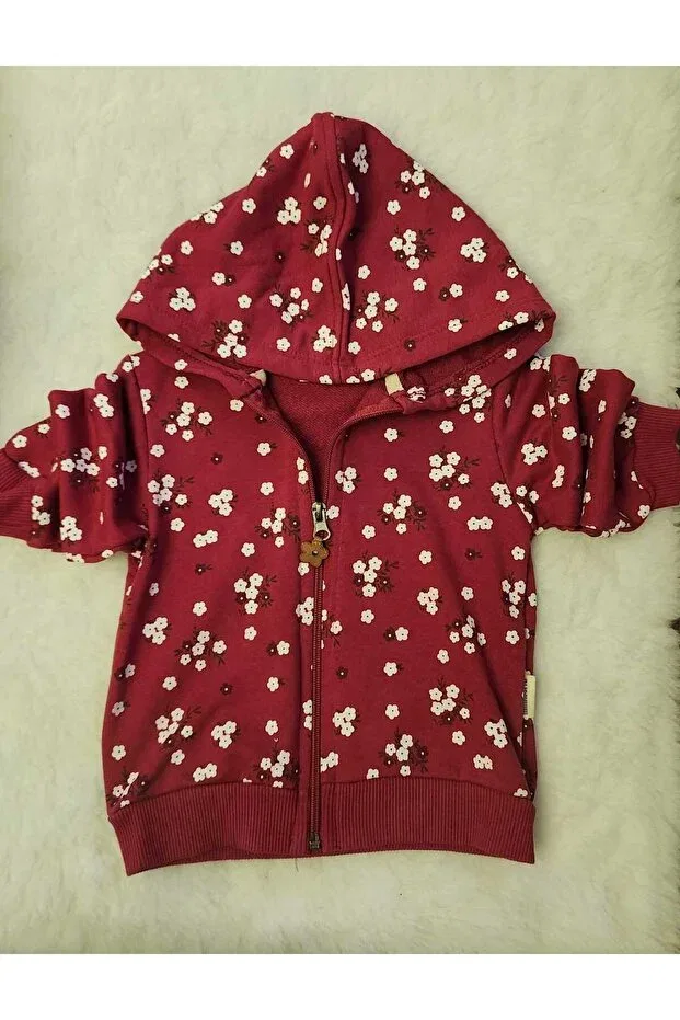 Детский кардиган для девочек с принтом Soft Floral Patterned Zippered Hooded Combed Cotton Lin Grup, Burgundy