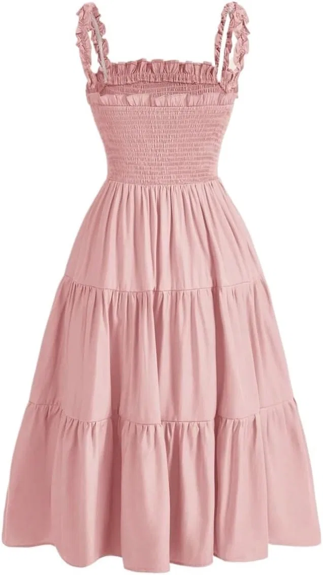 Женское A-силуэта платье с воланами, длинное, Baby Pink — фото 2