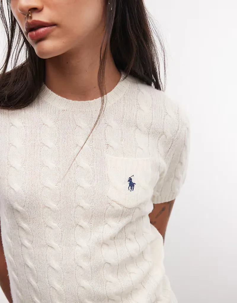 Джемпер Polo Ralph Lauren с логотипом Icon, приталенный, из хлопка, крупной вязки, с короткими рукавами, кремовый — фото 3
