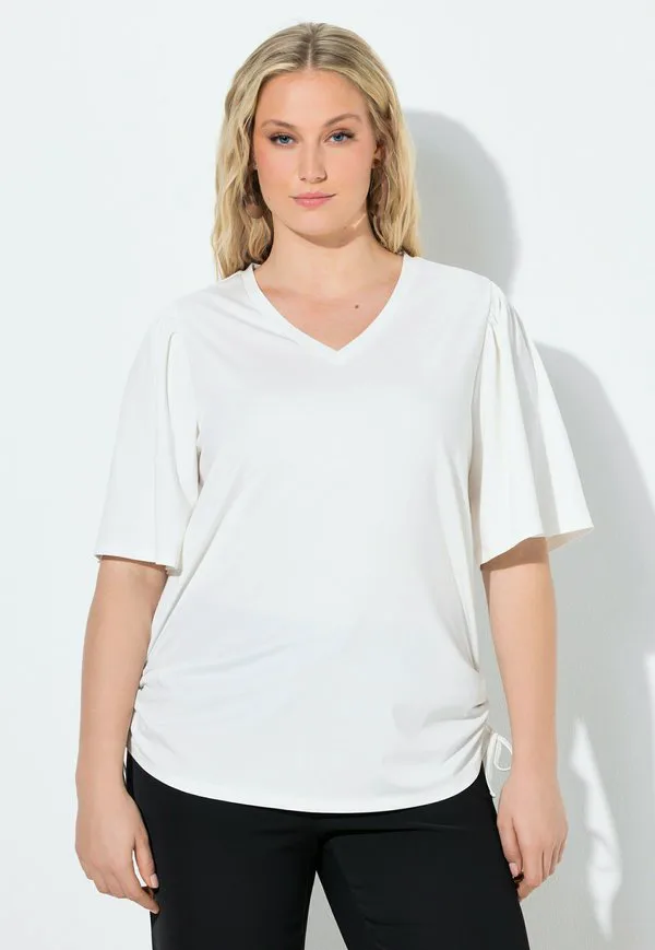 

Футболка с принтом raffbänder vausschnitt flügelhalbarm Ulla Popken, Off-White, Белый, Футболка с принтом raffbänder vausschnitt flügelhalbarm Ulla Popken, Off-White