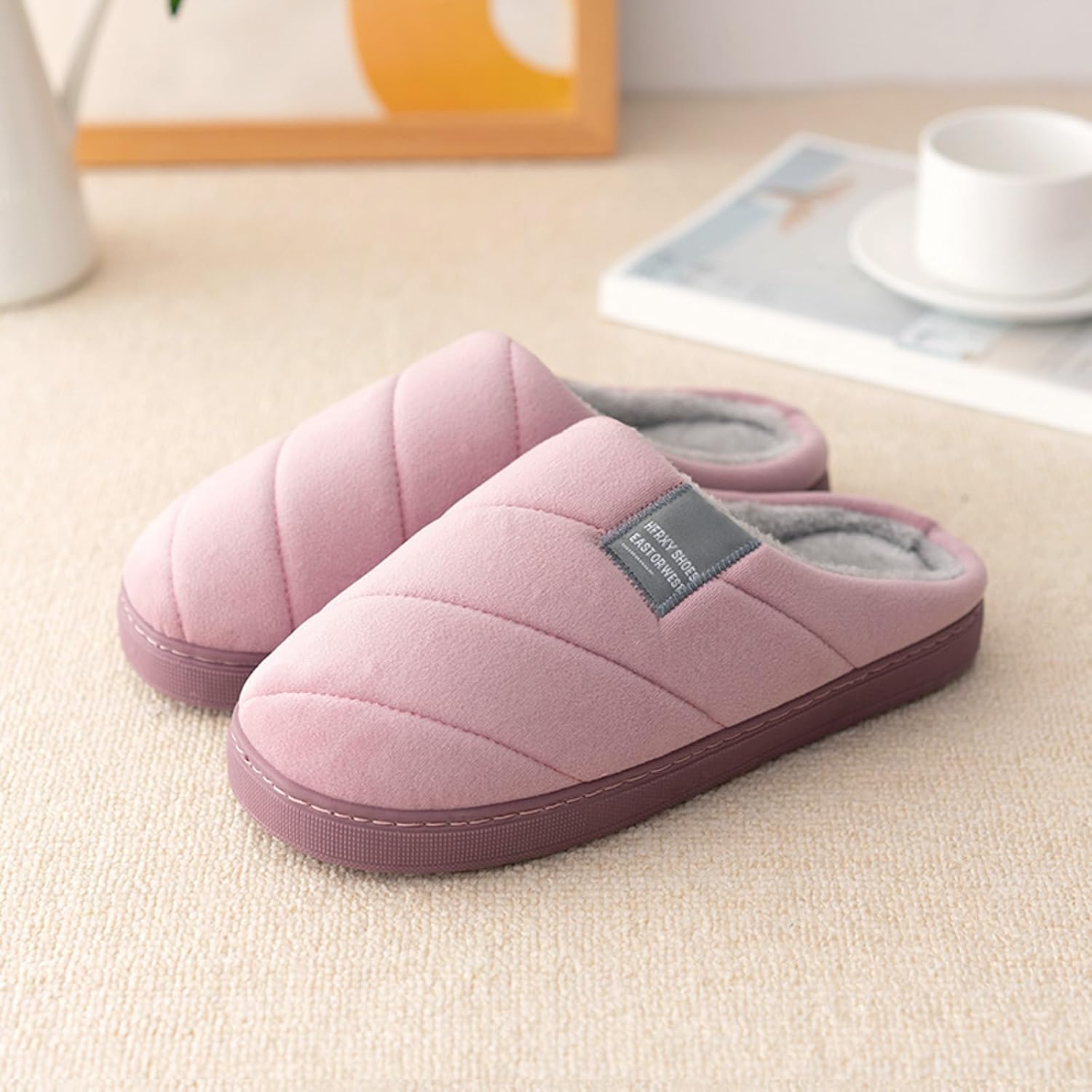 Тапочки JYSwoshoe с ворсом для женщин и мужчин, удобные домашние тапочки с памятью формы, мягкие плюшевые, теплые тапочки для дома и улицы, светло-фиолетовый — фото 3